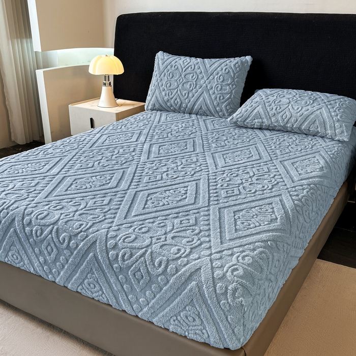 91家纺网 家纺一手货源 找家纺 米瑞娜 2025秋冬新款塔芙绒床笠三件套跨境单床笠外贸单品现货尺寸齐全 欧式床笠-蓝灰