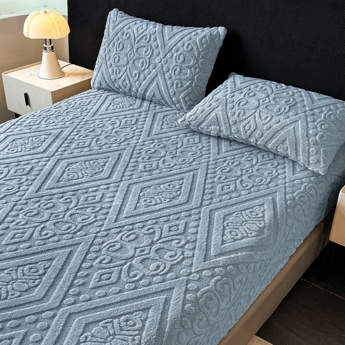 91家纺网 家纺一手货源 找家纺 米瑞娜 2025秋冬新款塔芙绒床笠三件套跨境单床笠外贸单品现货尺寸齐全 欧式床笠-蓝灰