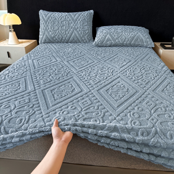 91家纺网 家纺一手货源 找家纺 米瑞娜 2025秋冬新款塔芙绒床笠三件套跨境单床笠外贸单品现货尺寸齐全 欧式床笠-蓝灰