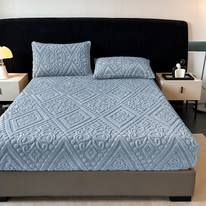 91家纺网 家纺一手货源 找家纺 米瑞娜 2025秋冬新款塔芙绒床笠三件套跨境单床笠外贸单品现货尺寸齐全 欧式床笠-蓝灰