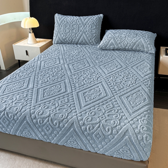 91家纺网 家纺一手货源 找家纺 米瑞娜 2025秋冬新款塔芙绒床笠三件套跨境单床笠外贸单品现货尺寸齐全 欧式床笠-蓝灰