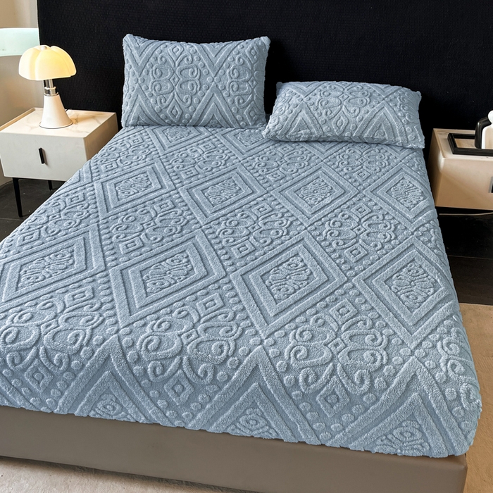 91家纺网 家纺一手货源 找家纺 米瑞娜 2025秋冬新款塔芙绒床笠三件套跨境单床笠外贸单品现货尺寸齐全 欧式床笠-蓝灰