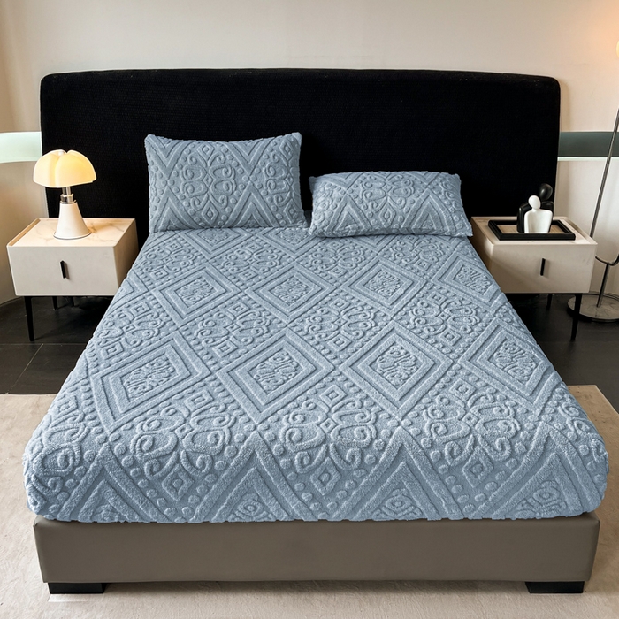 91家纺网 家纺一手货源 找家纺 米瑞娜 2025秋冬新款塔芙绒床笠三件套跨境单床笠外贸单品现货尺寸齐全 欧式床笠-蓝灰