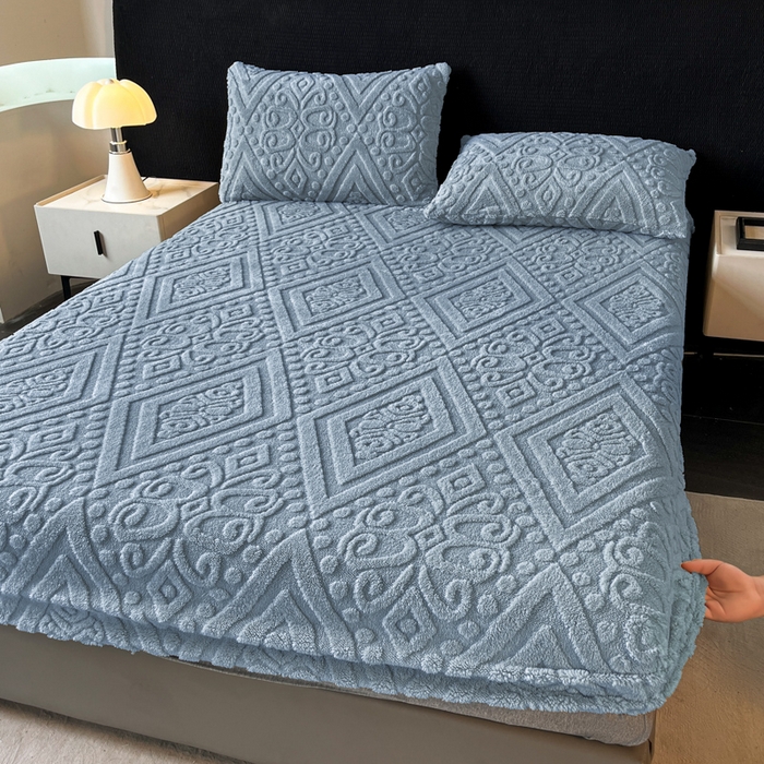 91家纺网 家纺一手货源 找家纺 米瑞娜 2025秋冬新款塔芙绒床笠三件套跨境单床笠外贸单品现货尺寸齐全 欧式床笠-蓝灰