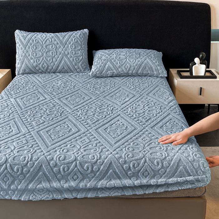 91家纺网 家纺一手货源 找家纺 米瑞娜 2025秋冬新款塔芙绒床笠三件套跨境单床笠外贸单品现货尺寸齐全 欧式床笠-蓝灰