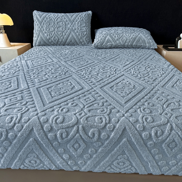 91家纺网 家纺一手货源 找家纺 米瑞娜 2025秋冬新款塔芙绒床笠三件套跨境单床笠外贸单品现货尺寸齐全 欧式床笠-蓝灰