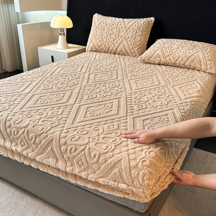 91家纺网 家纺一手货源 找家纺 米瑞娜 2025秋冬新款塔芙绒床笠三件套跨境单床笠外贸单品现货尺寸齐全 欧式床笠-卡其