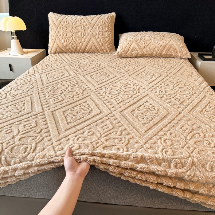 91家纺网 家纺一手货源 找家纺 米瑞娜 2025秋冬新款塔芙绒床笠三件套跨境单床笠外贸单品现货尺寸齐全 欧式床笠-卡其