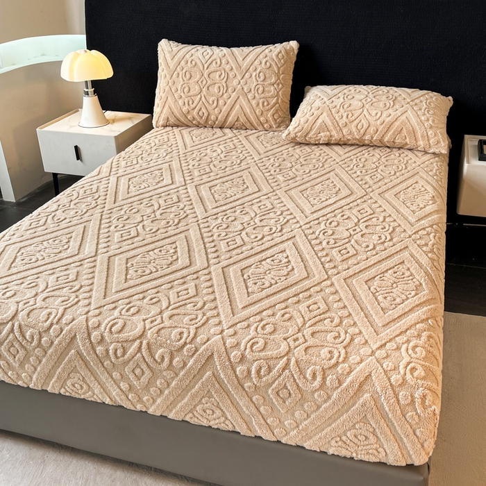 91家纺网 家纺一手货源 找家纺 米瑞娜 2025秋冬新款塔芙绒床笠三件套跨境单床笠外贸单品现货尺寸齐全 欧式床笠-卡其