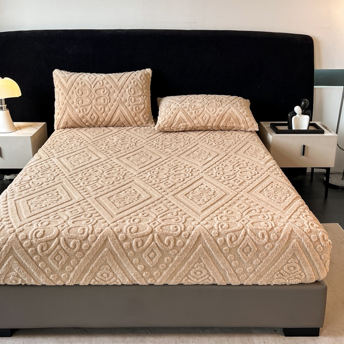 91家纺网 家纺一手货源 找家纺 米瑞娜 2025秋冬新款塔芙绒床笠三件套跨境单床笠外贸单品现货尺寸齐全 欧式床笠-卡其