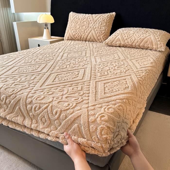 91家纺网 家纺一手货源 找家纺 米瑞娜 2025秋冬新款塔芙绒床笠三件套跨境单床笠外贸单品现货尺寸齐全 欧式床笠-卡其