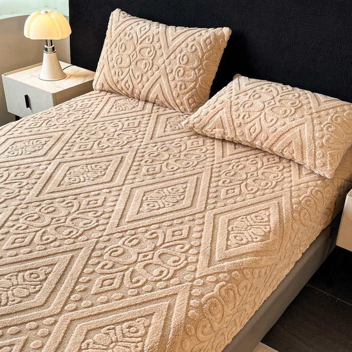 91家纺网 家纺一手货源 找家纺 米瑞娜 2025秋冬新款塔芙绒床笠三件套跨境单床笠外贸单品现货尺寸齐全 欧式床笠-卡其