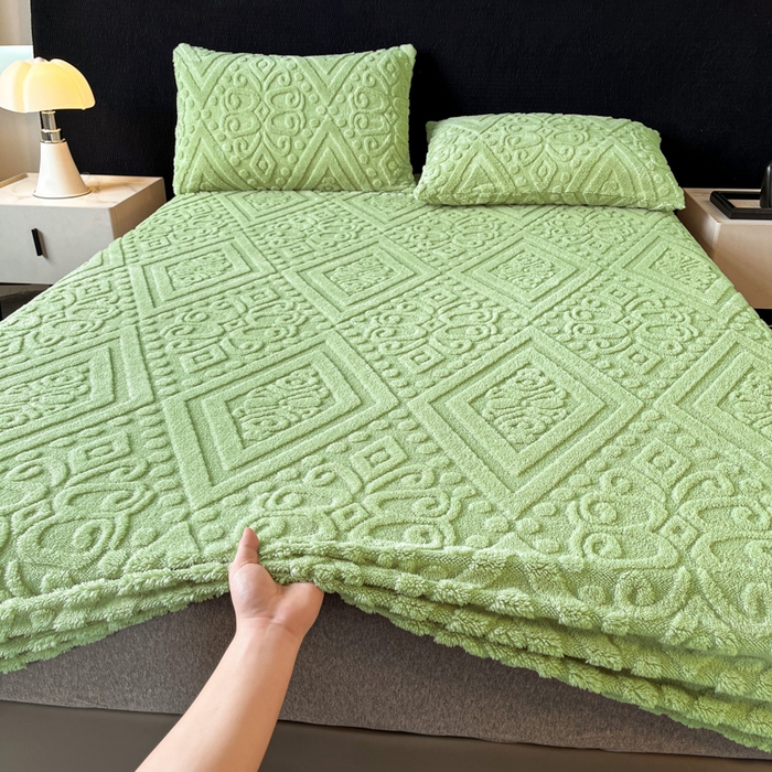 91家纺网 家纺一手货源 找家纺 米瑞娜 2025秋冬新款塔芙绒床笠三件套跨境单床笠外贸单品现货尺寸齐全 欧式床笠-果绿