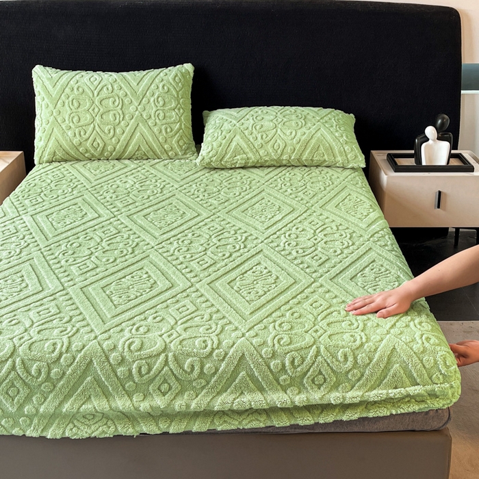 91家纺网 家纺一手货源 找家纺 米瑞娜 2025秋冬新款塔芙绒床笠三件套跨境单床笠外贸单品现货尺寸齐全 欧式床笠-果绿