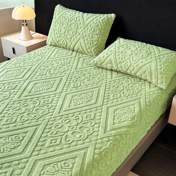 91家纺网 家纺一手货源 找家纺 米瑞娜 2025秋冬新款塔芙绒床笠三件套跨境单床笠外贸单品现货尺寸齐全 欧式床笠-果绿