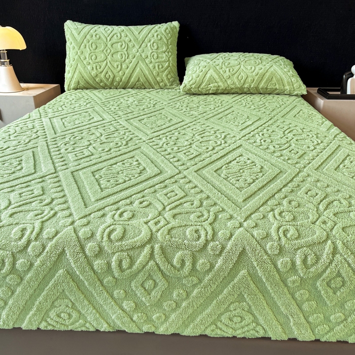 91家纺网 家纺一手货源 找家纺 米瑞娜 2025秋冬新款塔芙绒床笠三件套跨境单床笠外贸单品现货尺寸齐全 欧式床笠-果绿