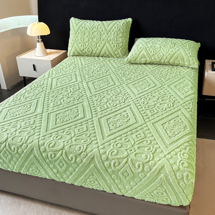 91家纺网 家纺一手货源 找家纺 米瑞娜 2025秋冬新款塔芙绒床笠三件套跨境单床笠外贸单品现货尺寸齐全 欧式床笠-果绿