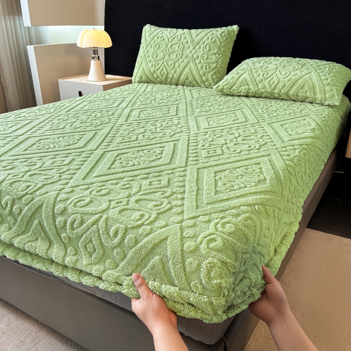 91家纺网 家纺一手货源 找家纺 米瑞娜 2025秋冬新款塔芙绒床笠三件套跨境单床笠外贸单品现货尺寸齐全 欧式床笠-果绿