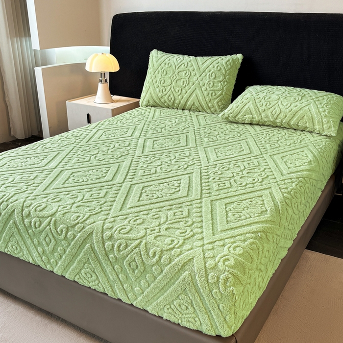 91家纺网 家纺一手货源 找家纺 米瑞娜 2025秋冬新款塔芙绒床笠三件套跨境单床笠外贸单品现货尺寸齐全 欧式床笠-果绿