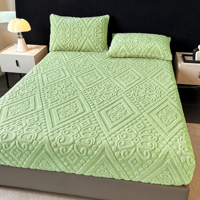 91家纺网 家纺一手货源 找家纺 米瑞娜 2025秋冬新款塔芙绒床笠三件套跨境单床笠外贸单品现货尺寸齐全 欧式床笠-果绿