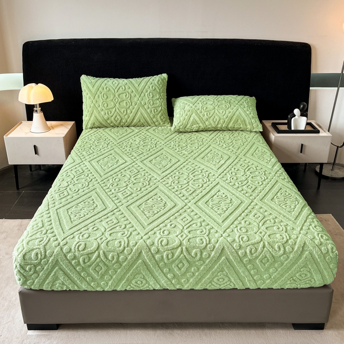 91家纺网 家纺一手货源 找家纺 米瑞娜 2025秋冬新款塔芙绒床笠三件套跨境单床笠外贸单品现货尺寸齐全 欧式床笠-果绿