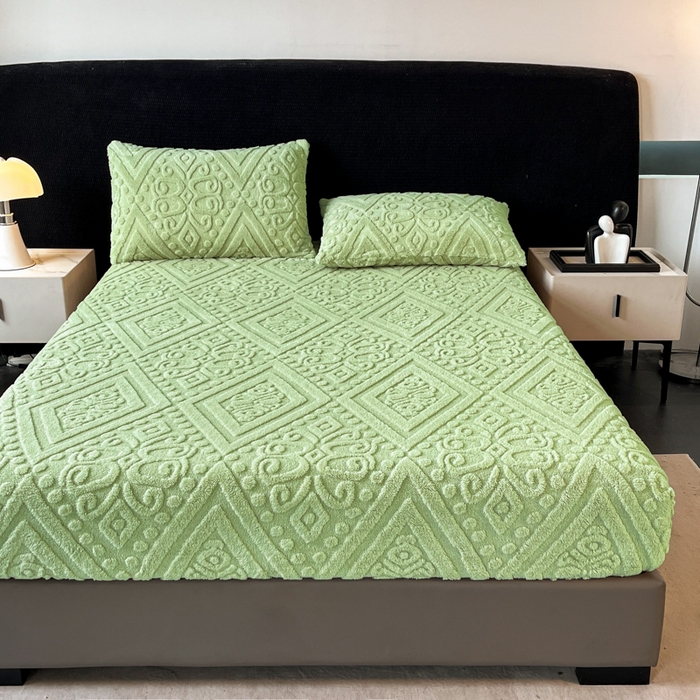 91家纺网 家纺一手货源 找家纺 米瑞娜 2025秋冬新款塔芙绒床笠三件套跨境单床笠外贸单品现货尺寸齐全 欧式床笠-果绿