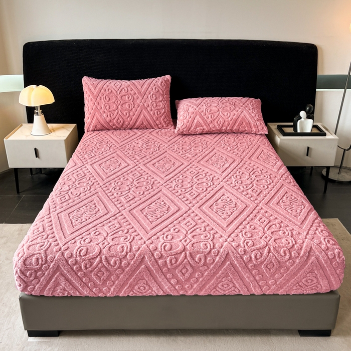 91家纺网 家纺一手货源 找家纺 米瑞娜 2025秋冬新款塔芙绒床笠三件套跨境单床笠外贸单品现货尺寸齐全 欧式床笠-玫红