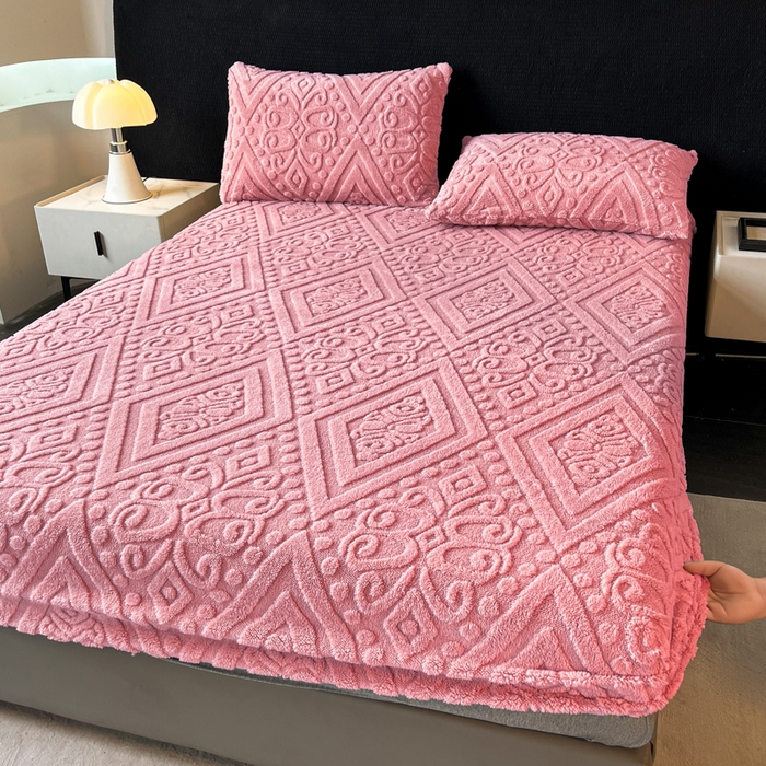 91家纺网 家纺一手货源 找家纺 米瑞娜 2025秋冬新款塔芙绒床笠三件套跨境单床笠外贸单品现货尺寸齐全 欧式床笠-玫红