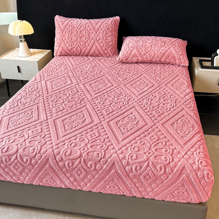 91家纺网 家纺一手货源 找家纺 米瑞娜 2025秋冬新款塔芙绒床笠三件套跨境单床笠外贸单品现货尺寸齐全 欧式床笠-玫红