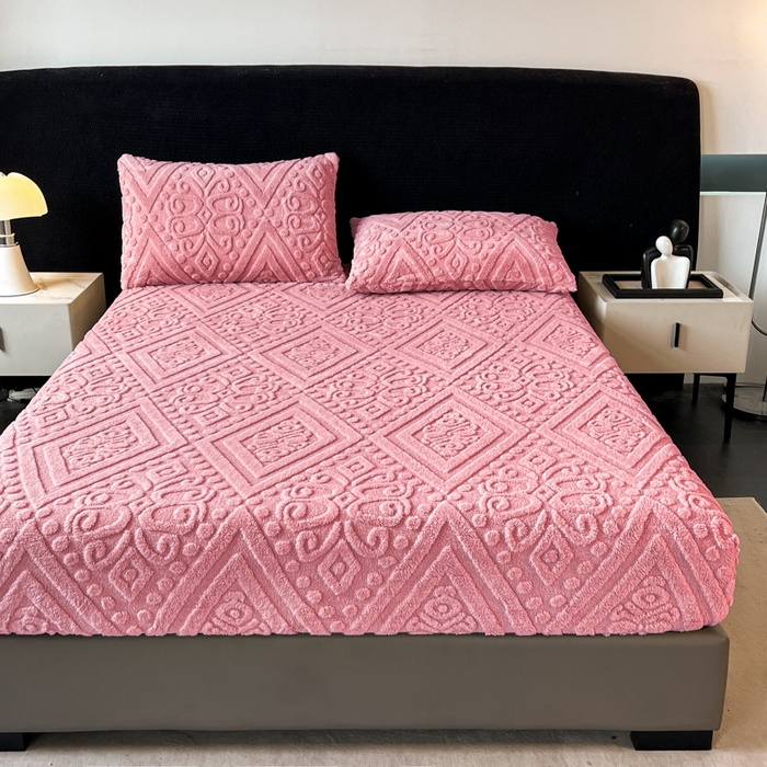 91家纺网 家纺一手货源 找家纺 米瑞娜 2025秋冬新款塔芙绒床笠三件套跨境单床笠外贸单品现货尺寸齐全 欧式床笠-玫红