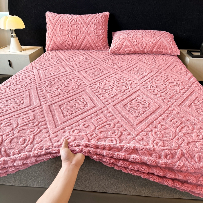 91家纺网 家纺一手货源 找家纺 米瑞娜 2025秋冬新款塔芙绒床笠三件套跨境单床笠外贸单品现货尺寸齐全 欧式床笠-玫红