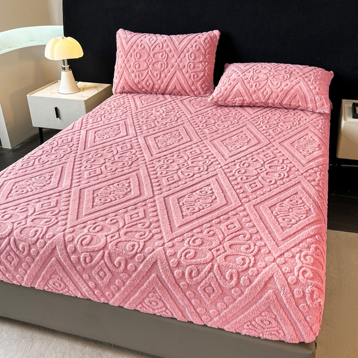 91家纺网 家纺一手货源 找家纺 米瑞娜 2025秋冬新款塔芙绒床笠三件套跨境单床笠外贸单品现货尺寸齐全 欧式床笠-玫红