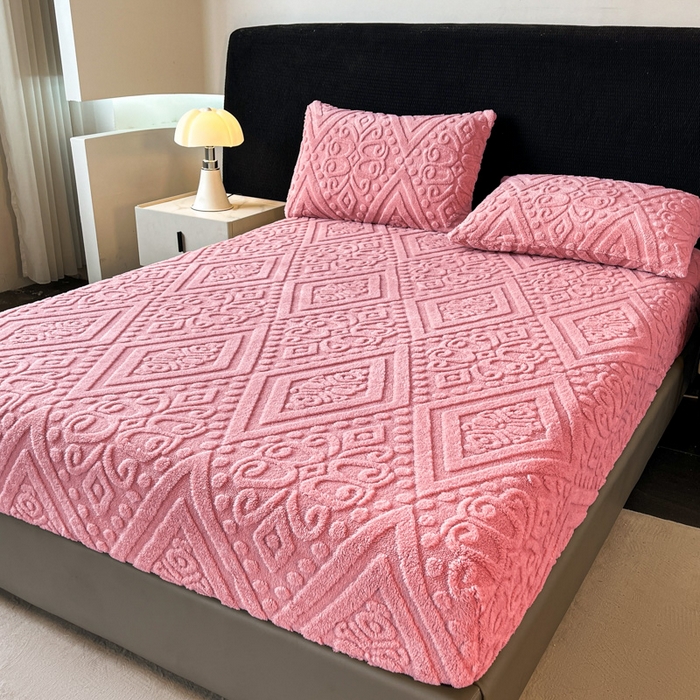 91家纺网 家纺一手货源 找家纺 米瑞娜 2025秋冬新款塔芙绒床笠三件套跨境单床笠外贸单品现货尺寸齐全 欧式床笠-玫红