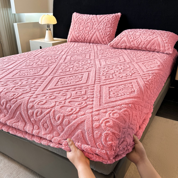 91家纺网 家纺一手货源 找家纺 米瑞娜 2025秋冬新款塔芙绒床笠三件套跨境单床笠外贸单品现货尺寸齐全 欧式床笠-玫红