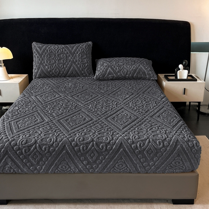 91家纺网 家纺一手货源 找家纺 米瑞娜 2025秋冬新款塔芙绒床笠三件套跨境单床笠外贸单品现货尺寸齐全 欧式床笠-深灰