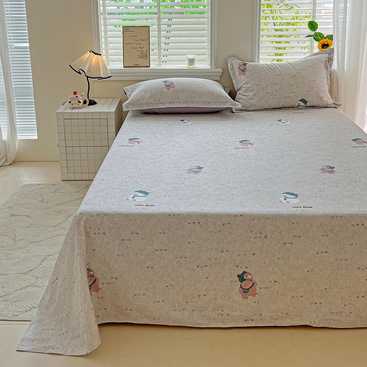 91家纺网 家纺一手货源 找家纺 依庭 2025新款高克重全棉纯棉磨毛印花单床单 幸福小熊