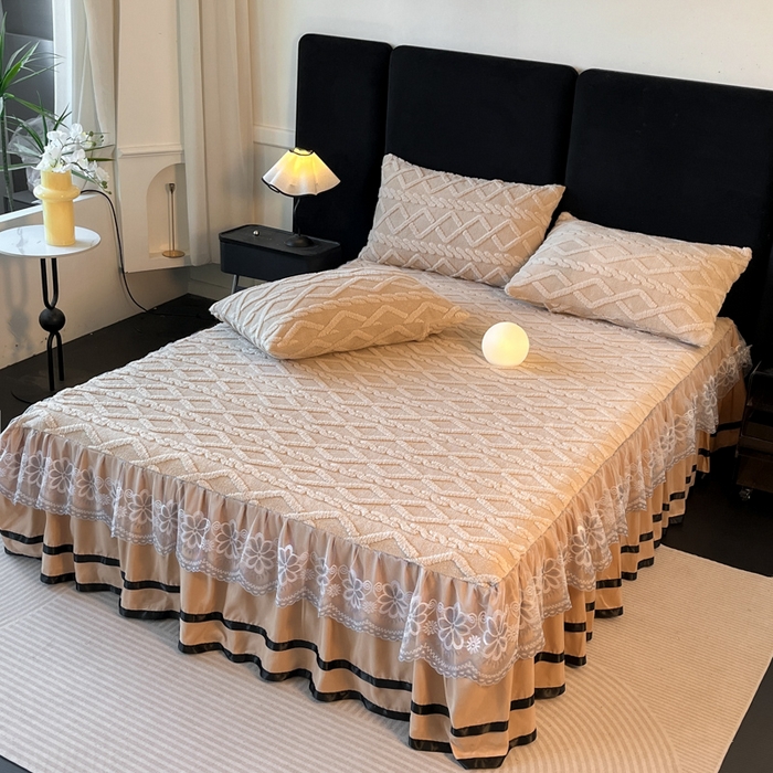 91家纺网 家纺一手货源 找家纺 米瑞娜 2025新款塔芙绒床裙三件套雕花绒蕾丝跨境单床裙外贸现货尺寸齐全 马尾型-卡其