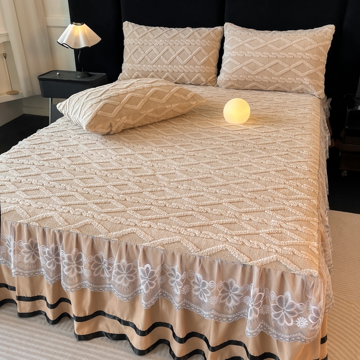 91家纺网 家纺一手货源 找家纺 米瑞娜 2025新款塔芙绒床裙三件套雕花绒蕾丝跨境单床裙外贸现货尺寸齐全 马尾型-卡其