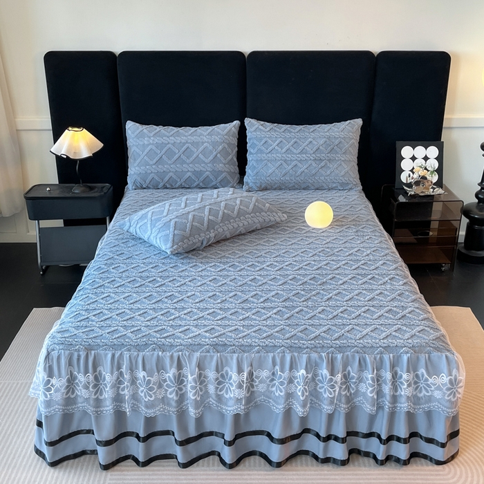 91家纺网 家纺一手货源 找家纺 米瑞娜 2025新款塔芙绒床裙三件套雕花绒蕾丝跨境单床裙外贸现货尺寸齐全 马尾型-蓝灰