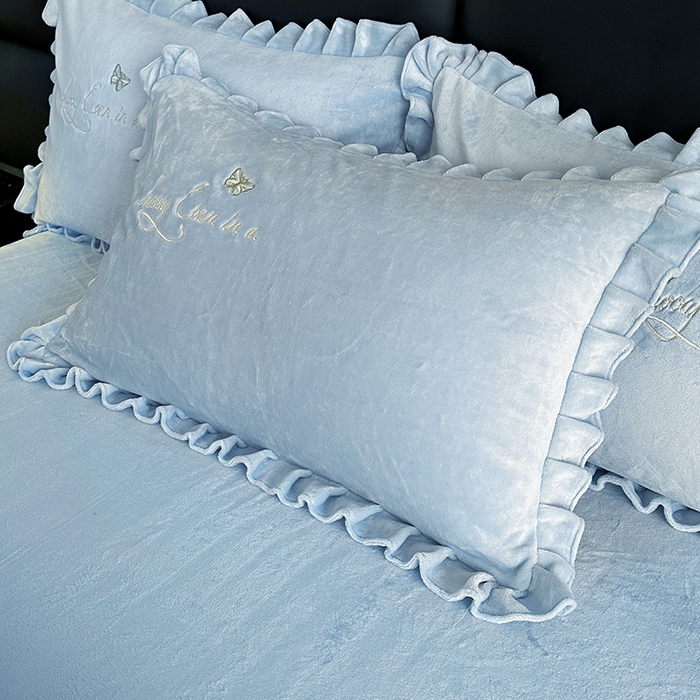 91家纺网 家纺一手货源 找家纺 董韵家纺 2025新款高克重 250克9-10斤牛奶绒 刺绣床单四件套系列 柔雾-浅穹蓝