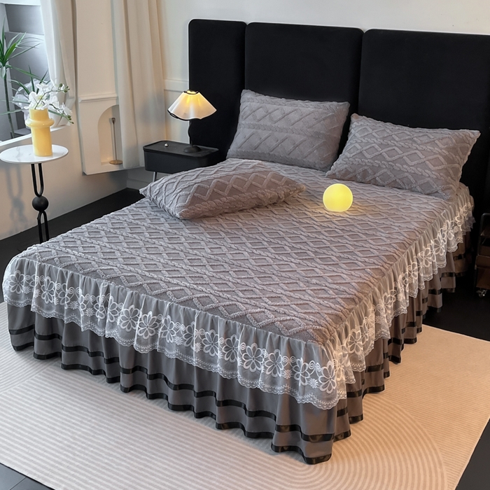 91家纺网 家纺一手货源 找家纺 米瑞娜 2025新款塔芙绒床裙三件套雕花绒蕾丝跨境单床裙外贸现货尺寸齐全 马尾型-灰色