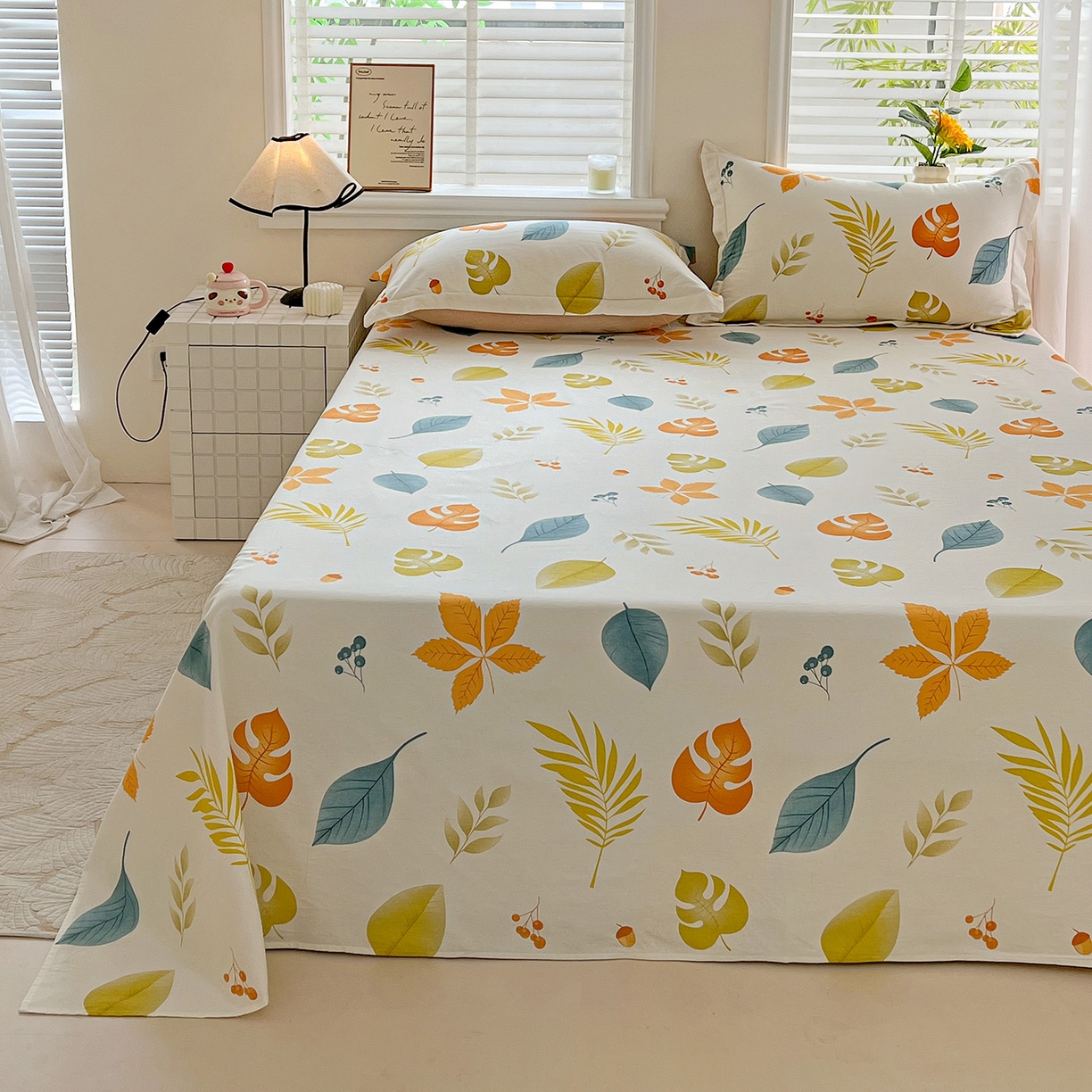 91家纺网 家纺一手货源 找家纺 依庭 2025新款高克重全棉纯棉磨毛印花单床单 叶之恋-A版