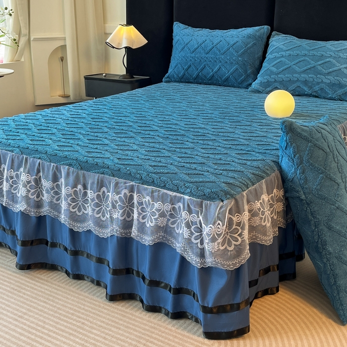 米瑞娜 2025新款塔芙绒床裙三件套雕花绒蕾丝跨境单床裙外贸现货尺寸齐全 马尾型-宝蓝