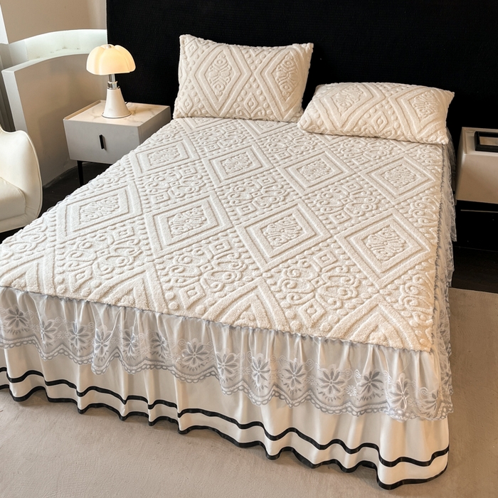 91家纺网 家纺一手货源 找家纺 米瑞娜 2025新款塔芙绒床裙三件套雕花绒蕾丝跨境单床裙外贸现货尺寸齐全 欧式床裙-白色