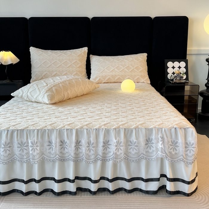 91家纺网 家纺一手货源 找家纺 米瑞娜 2025新款塔芙绒床裙三件套雕花绒蕾丝跨境单床裙外贸现货尺寸齐全 马尾型-白色