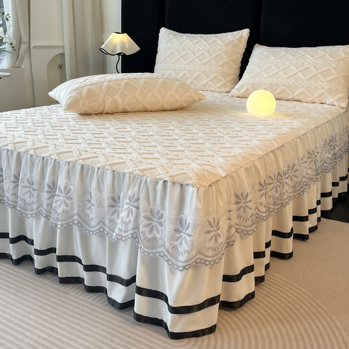 91家纺网 家纺一手货源 找家纺 米瑞娜 2025新款塔芙绒床裙三件套雕花绒蕾丝跨境单床裙外贸现货尺寸齐全 马尾型-白色