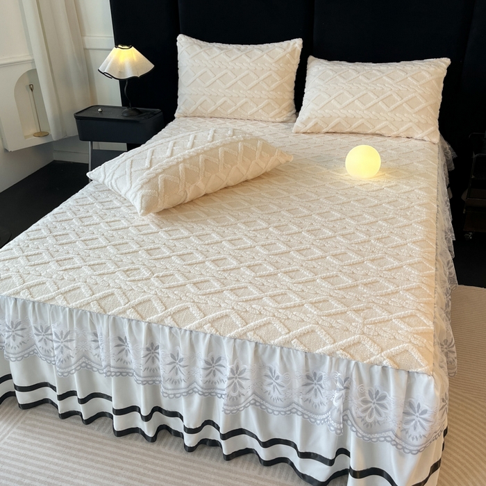 91家纺网 家纺一手货源 找家纺 米瑞娜 2025新款塔芙绒床裙三件套雕花绒蕾丝跨境单床裙外贸现货尺寸齐全 马尾型-白色