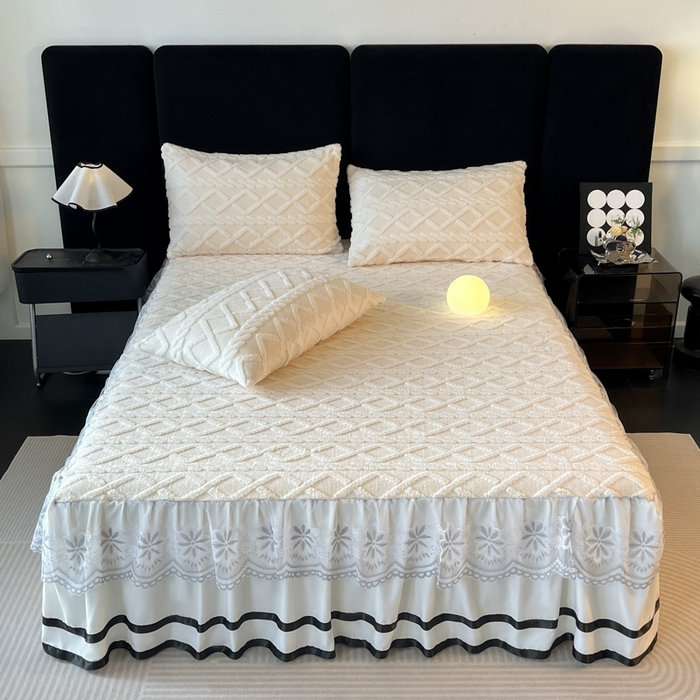 91家纺网 家纺一手货源 找家纺 米瑞娜 2025新款塔芙绒床裙三件套雕花绒蕾丝跨境单床裙外贸现货尺寸齐全 马尾型-白色