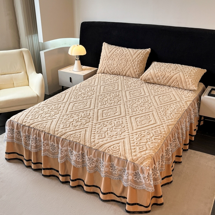 91家纺网 家纺一手货源 找家纺 米瑞娜 2025新款塔芙绒床裙三件套雕花绒蕾丝跨境单床裙外贸现货尺寸齐全 欧式床裙-卡其