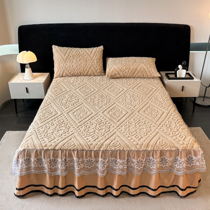 91家纺网 家纺一手货源 找家纺 米瑞娜 2025新款塔芙绒床裙三件套雕花绒蕾丝跨境单床裙外贸现货尺寸齐全 欧式床裙-卡其